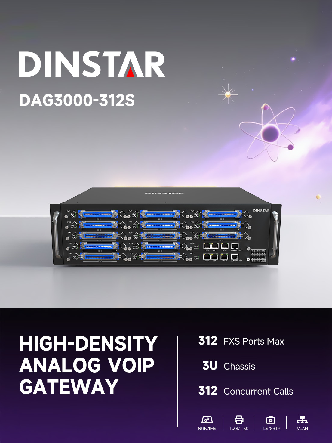 DAG3000-312S
High-density Analog VoIP Gateway

DAG3000-312S FXS analog gateway is a multi-functional voice gateway that provides seamless connectivity with analog phones, fax machine or analog PBXs to VoIP gateway. The overall frame of DAG3000-312S is compact and structured, supporting RJ21 interface standards and up to 312 FXS voice interfaces via user boards plugging at a size of 3U. In addition, DAG3000-312S provides high-performance hardware solution with good voice/fax processing capability. It is able to provide efficient and high-quality IP voice services for service providers, enterprises, community residents, and hospitalities.