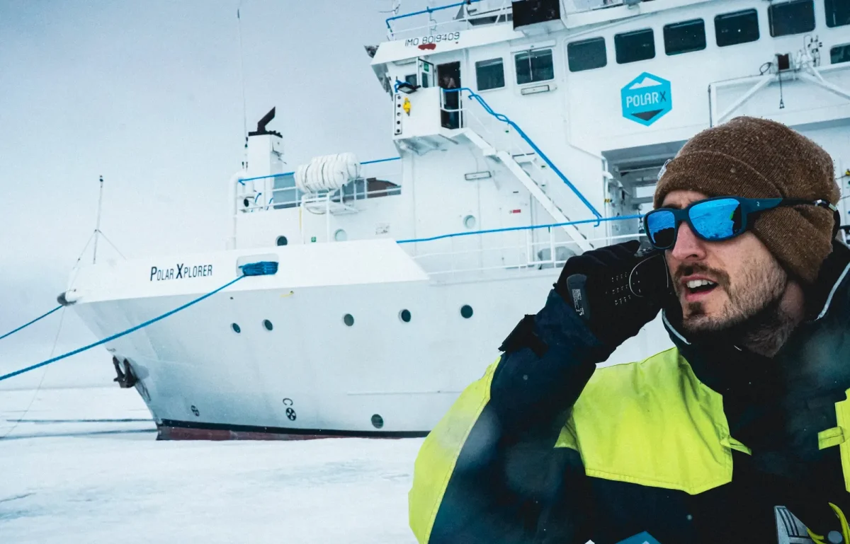 Satellite phone being used in the Arctic